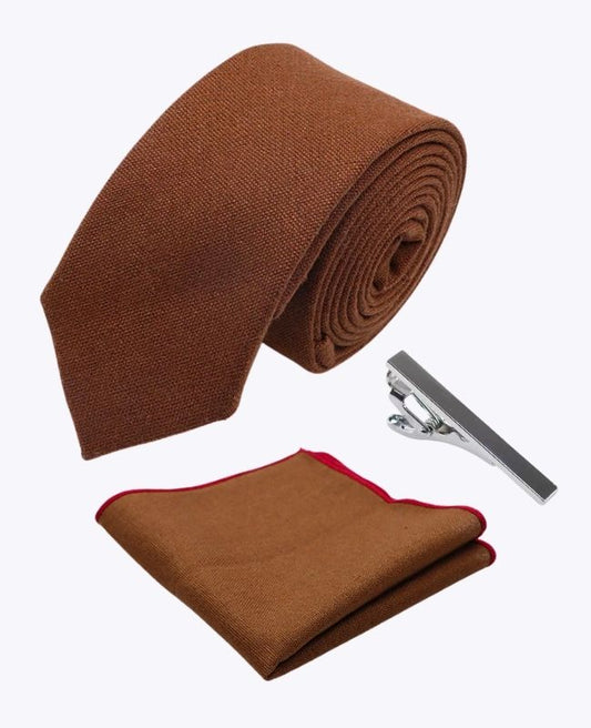 Cravate + Pochette de Costume + Pince à Cravate Marron n°1 Homme en Lin «Basile»