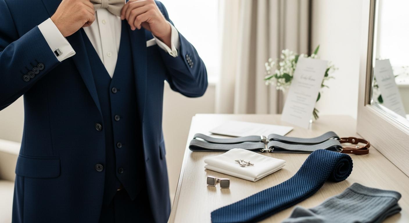 Marié en costume bleu marine ajustant un nœud papillon en lin, accessoires de costume posés sur une commode Obrázek