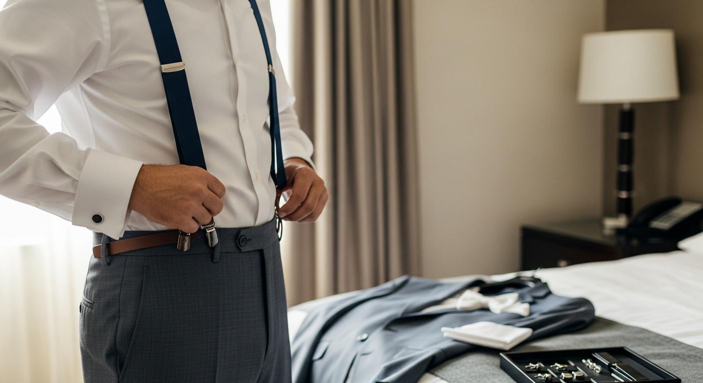 Homme en chemise blanche ajustant des bretelles bleu marine avec attaches en cuir, dans une chambre lumineuse avant un mariage