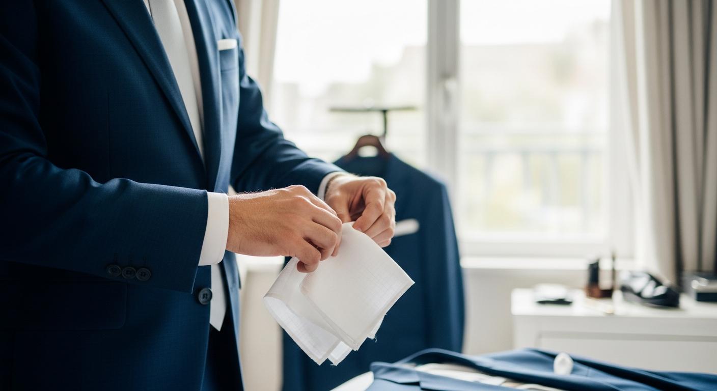 Mains d’un homme en costume bleu marine pliant une pochette blanche en lin avant une cérémonie Obrázek