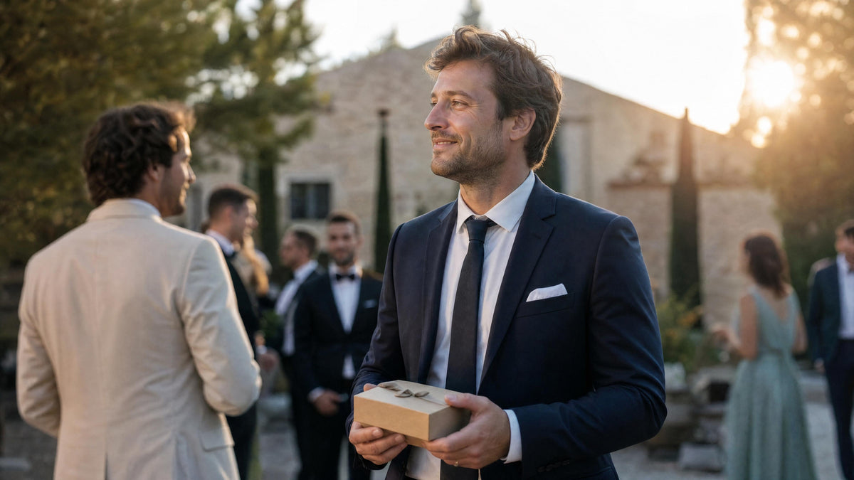 Témoin de mariage recevant un accessoire homme en cadeau, dans une ambiance de cérémonie élégante. Obrázek