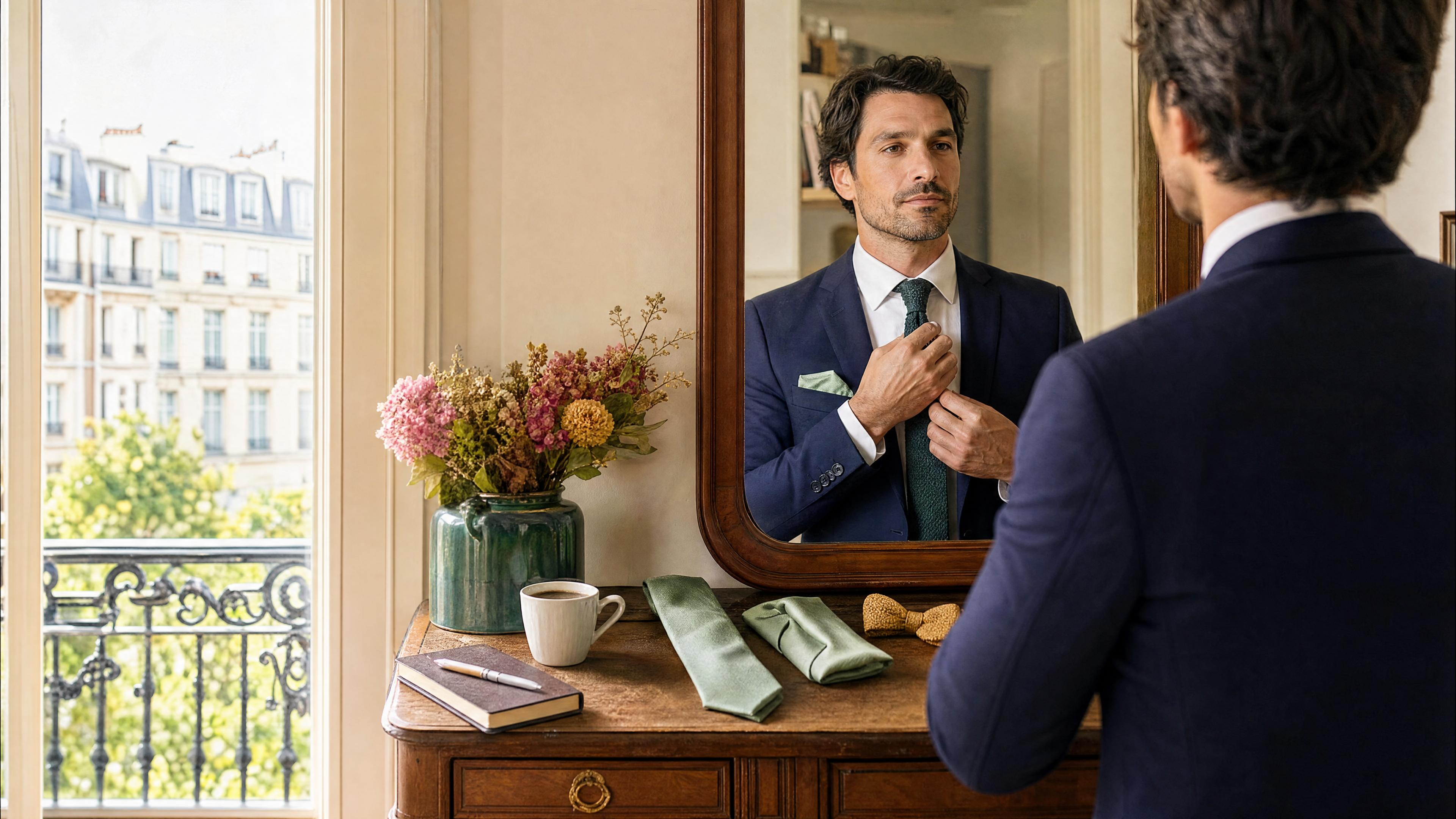 Homme en blazer bleu marine ajustant sa cravate, avec une pochette de costume et des accessoires vert sauge posés sur une commode, ambiance rentrée au bureau. Obrázek