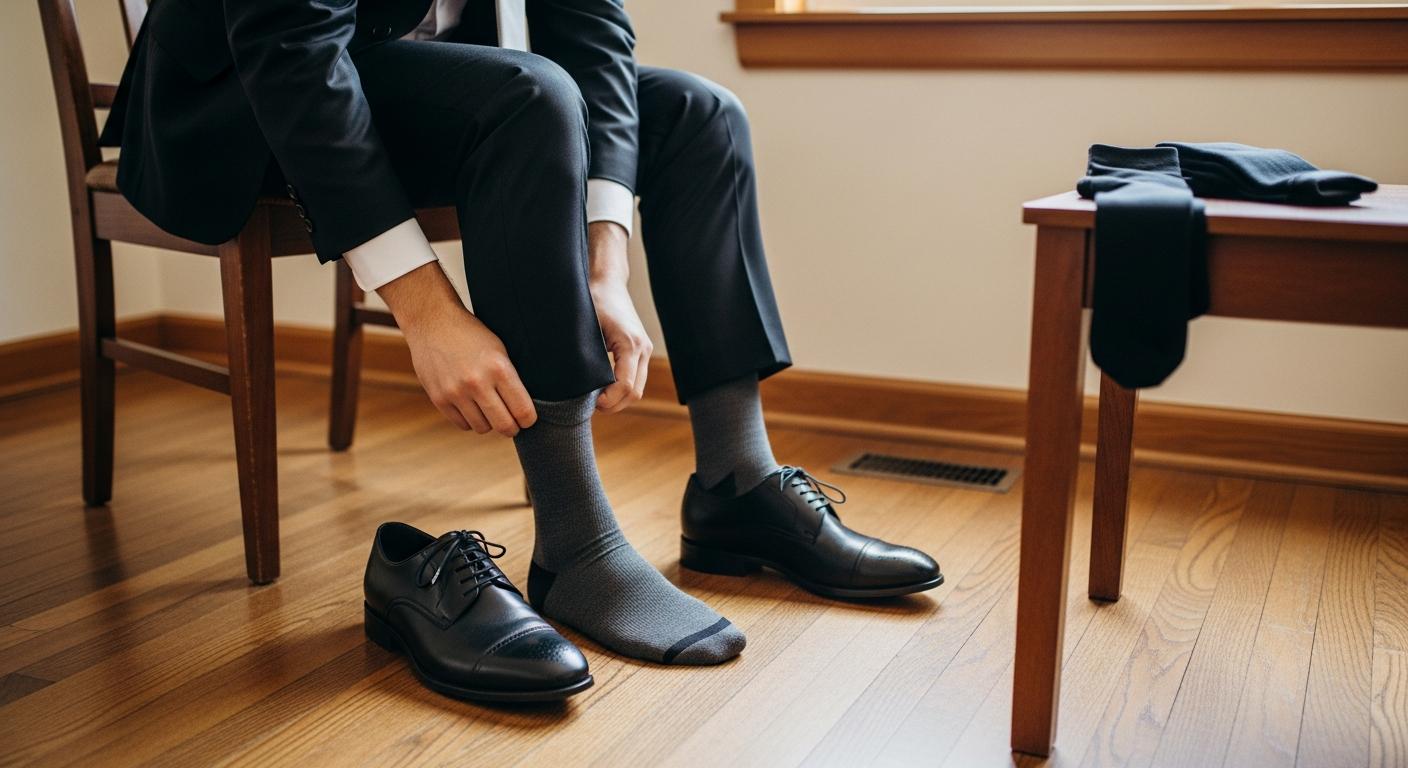 Homme en costume noir ajustant une chaussette habillée gris anthracite, chaussures en cuir noir, lumière naturelle et décor intérieur sobre Obrázek