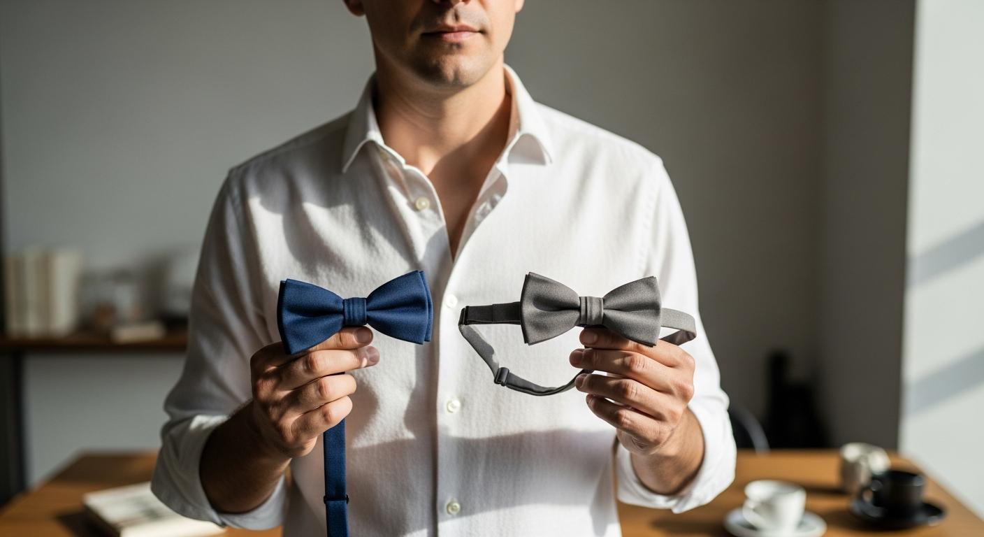 Homme en chemise blanche comparant un nœud papillon à nouer et un modèle ajustable dans un intérieur lumineux Obrázek