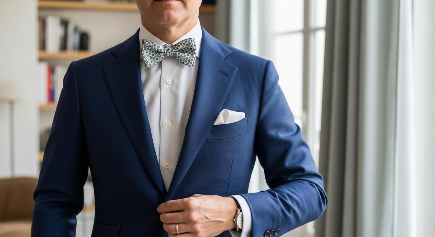 Homme en costume bleu marine portant un nœud papillon liberty avec chemise blanche, photographié en lumière naturelle dans un intérieur élégant Obrázek
