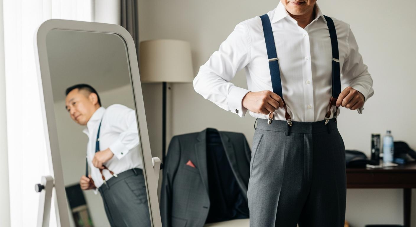 Homme en chemise blanche réglant ses bretelles bleu marine devant un miroir, avec pantalon de costume gris taille haute, dans une pièce lumineuse Obrázek