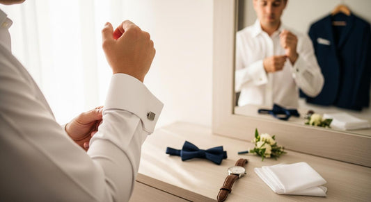 Homme en chemise blanche ajustant des boutons de manchette avant un mariage, accessoires posés sur une commode