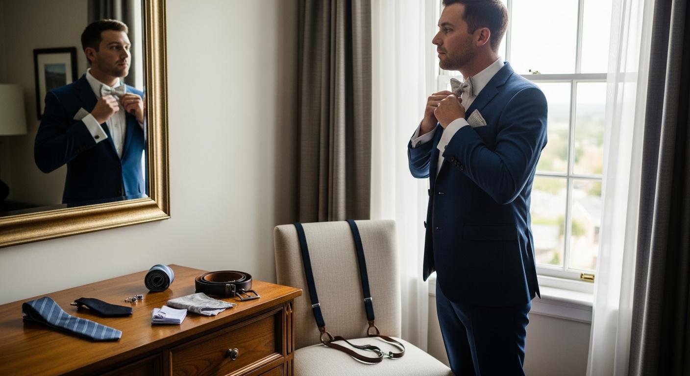 Témoin ajustant son nœud papillon devant un miroir, costume bleu marine et accessoires assortis, dans une chambre d’hôtel avant un mariage Obrázek