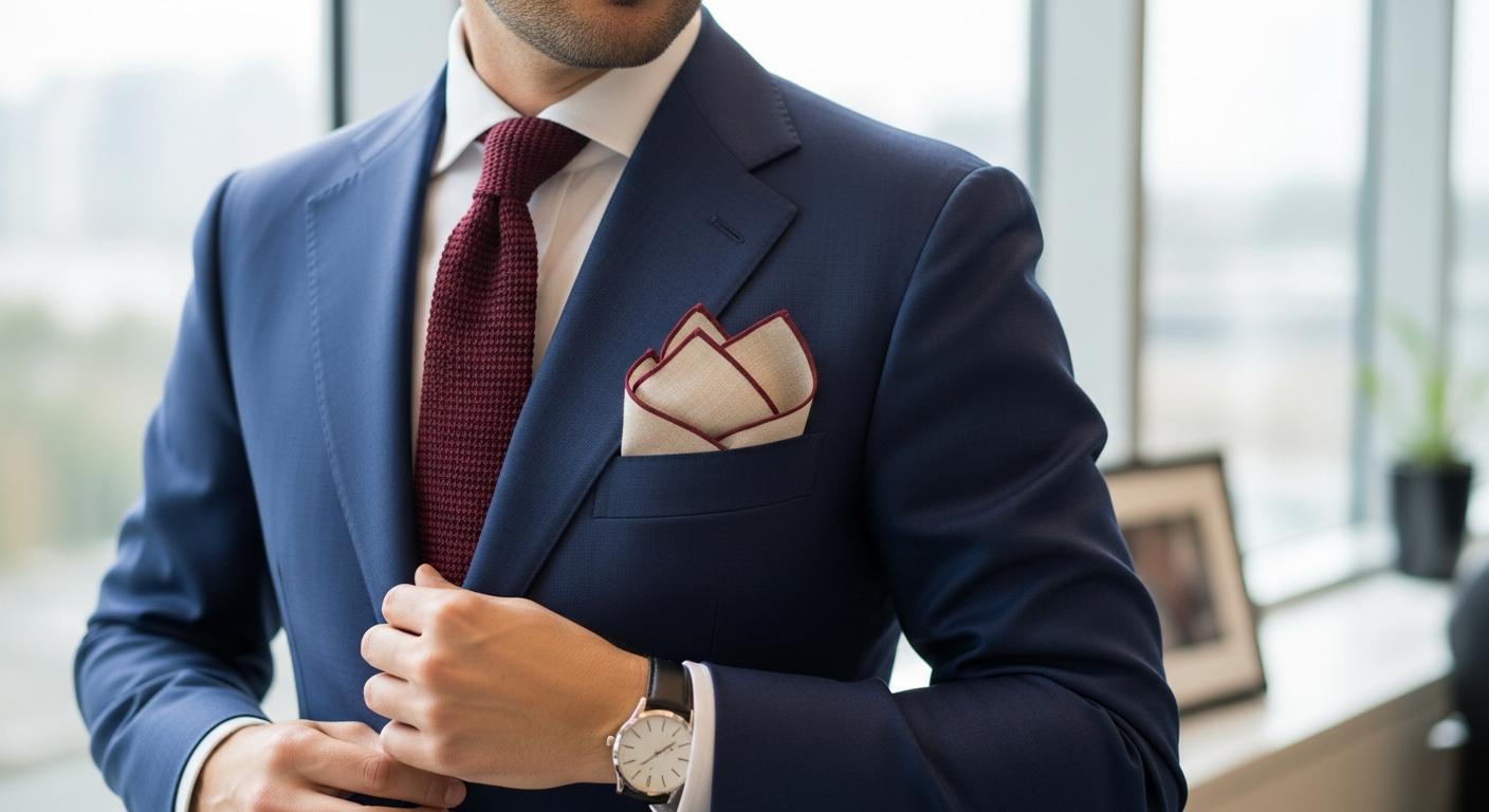 Homme en costume bleu marine avec chemise blanche et cravate bordeaux, portant une pochette en lin écru à liseré bordeaux dans la poche poitrine, lumière naturelle en bureau