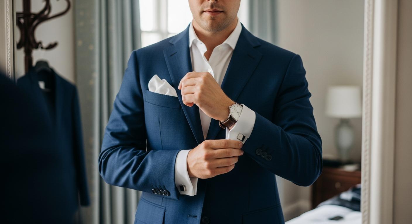 Homme en costume bleu marine ajustant des boutons de manchette argentés sur une chemise blanche, devant un miroir en lumière naturelle Obrázek