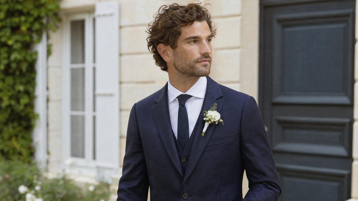 Homme en costume portant une boutonnière sur le revers gauche de sa veste Obrázek