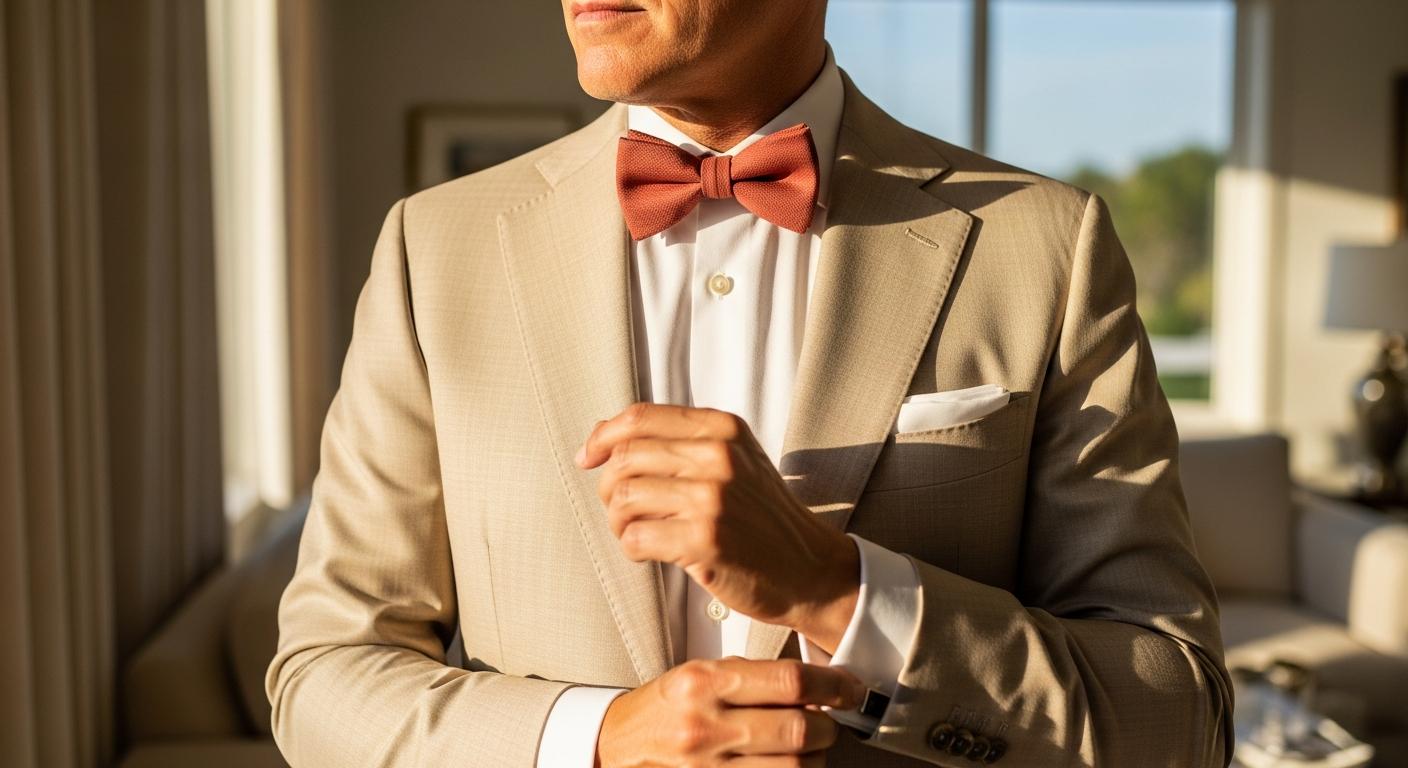 Homme en costume beige avec chemise blanche portant un nœud papillon terracotta dans une lumière douce, ambiance élégante et naturelle Obrázek
