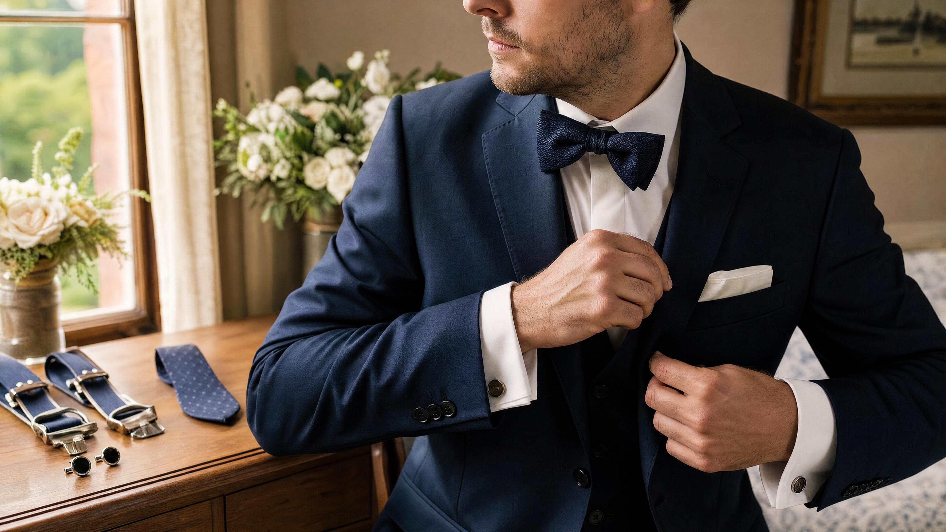 Homme en costume ajustant son nœud papillon et sa pochette lors des préparatifs d’un mariage Obrázek