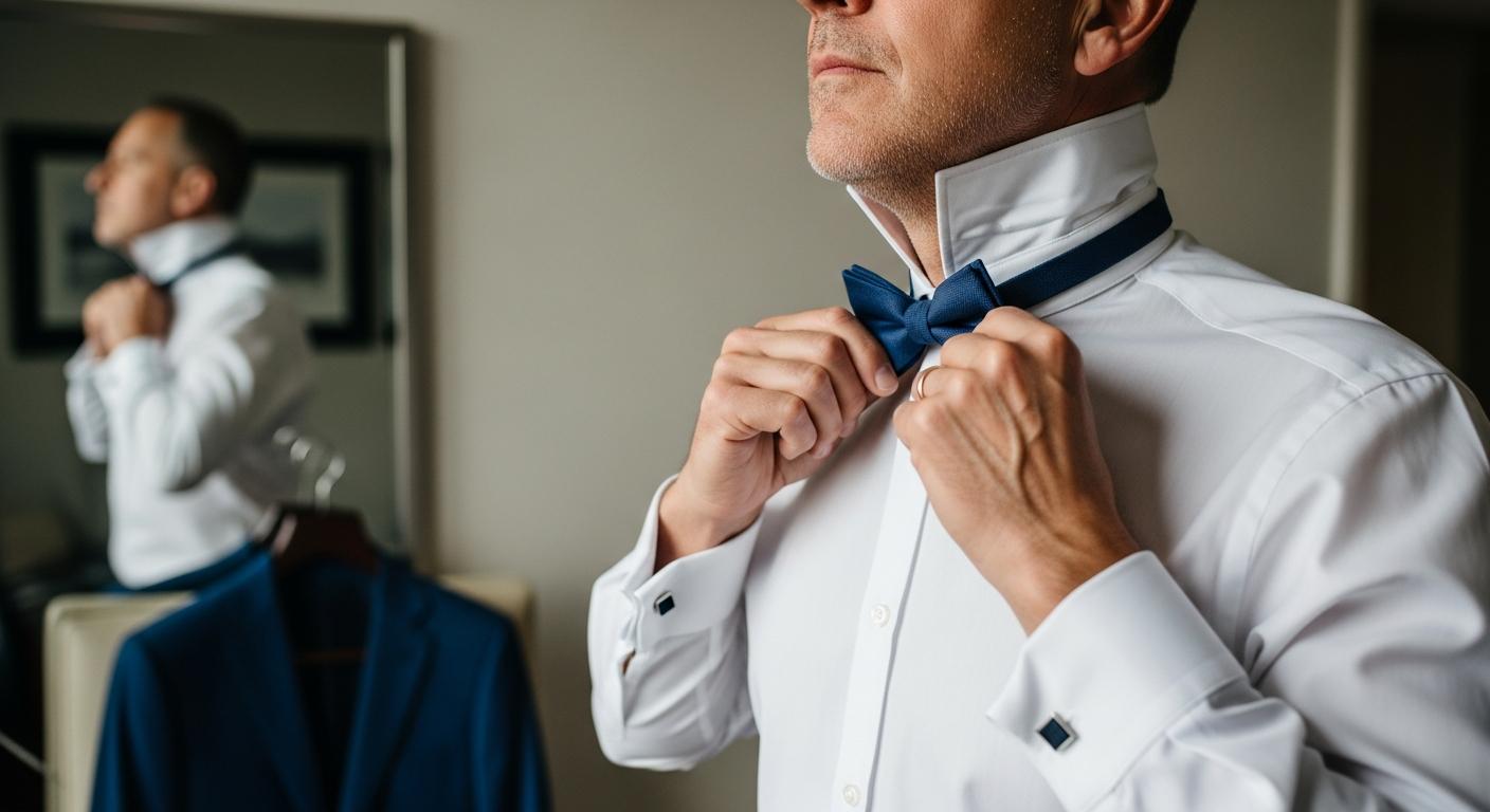 Homme ajustant un nœud papillon devant un miroir, en chemise blanche, pour illustrer le choix selon la morphologie Obrázek
