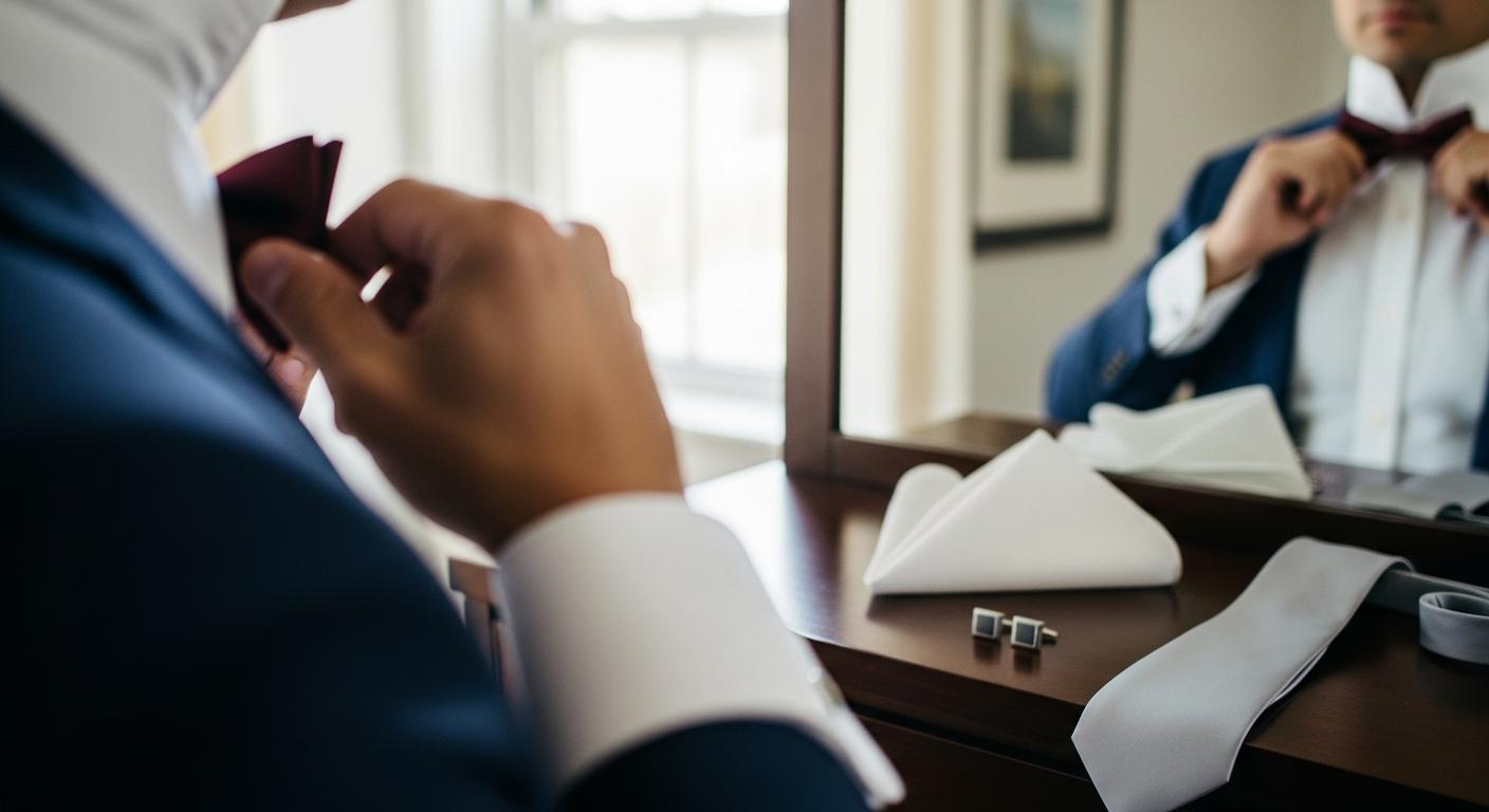 Homme en costume bleu marine ajustant un nœud papillon bordeaux devant un miroir, avec accessoires de mariage posés sur une commode Obrázek