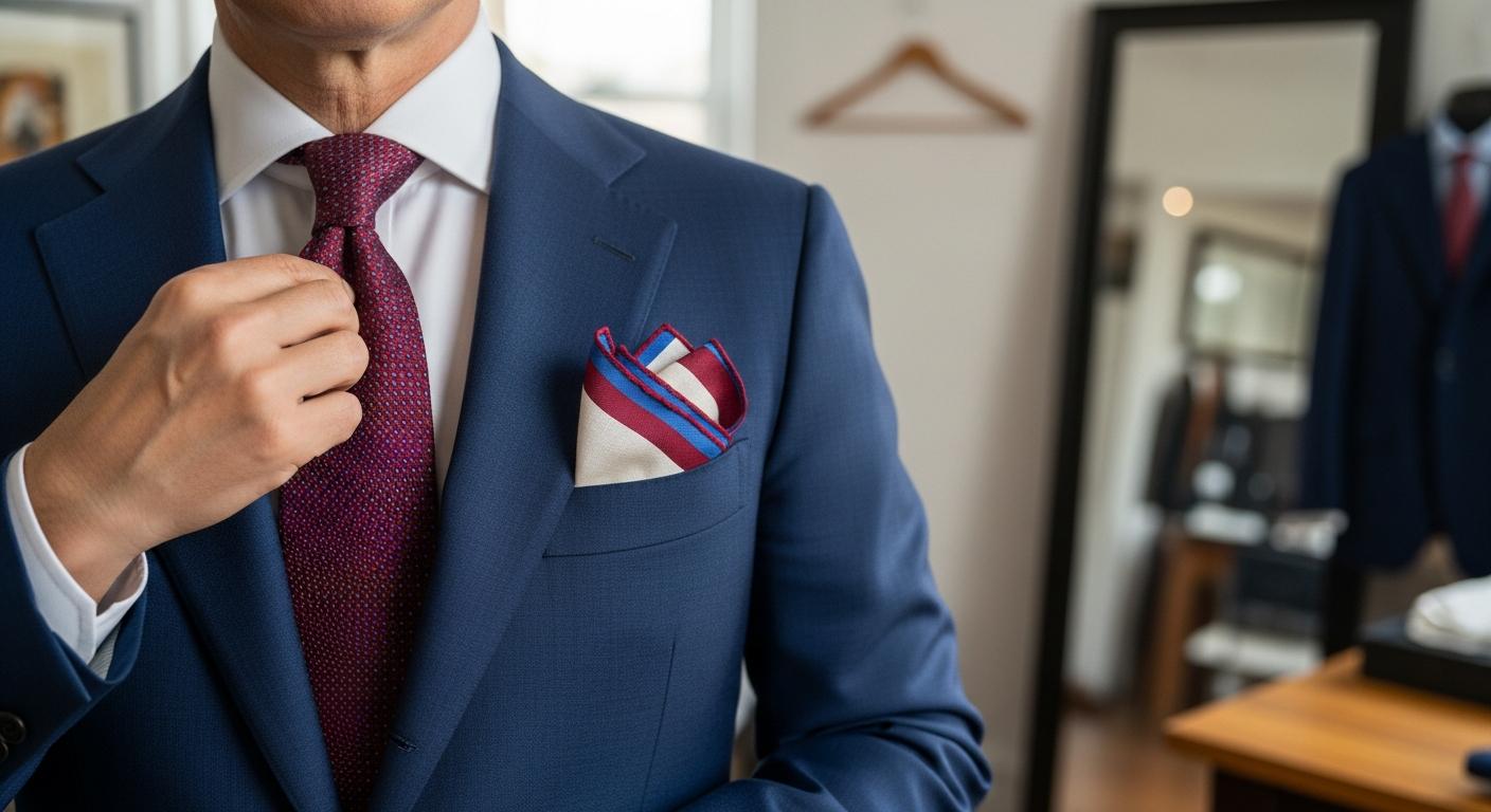 Homme en costume bleu marine avec cravate bordeaux et pochette en lin ivoire assortie, photographié en lumière naturelle près d’une fenêtre Obrázek