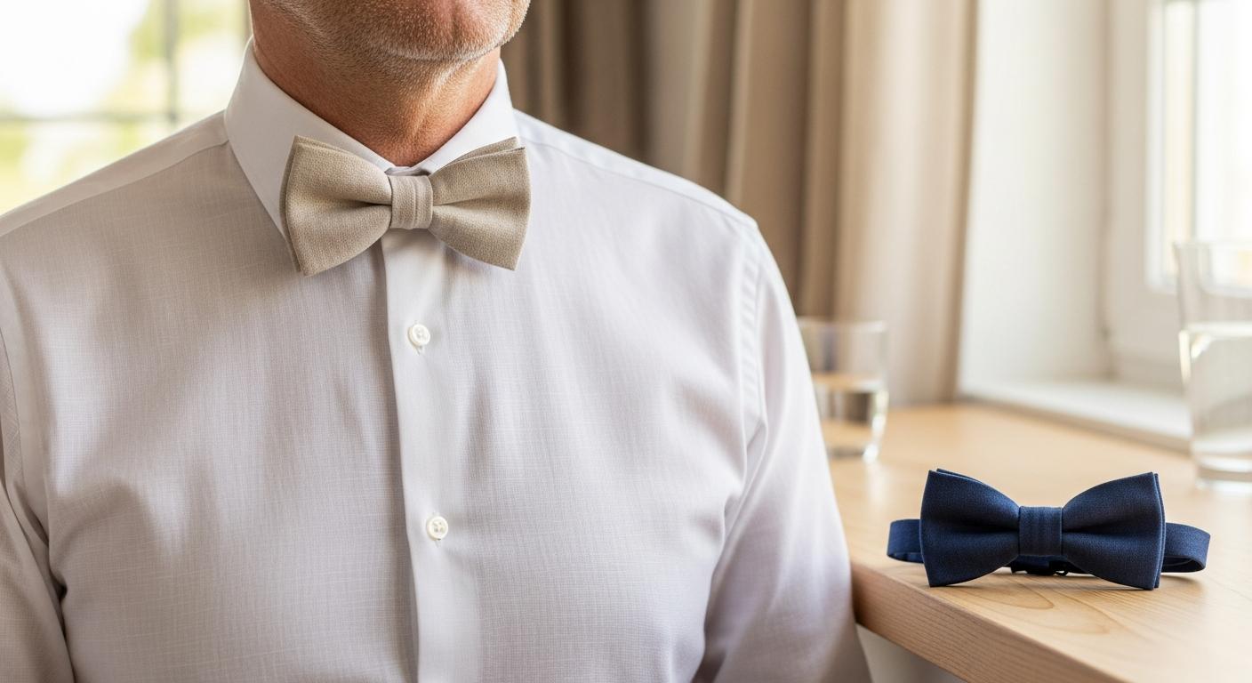 Homme en chemise blanche portant un nœud papillon en lin beige, avec un nœud papillon en coton bleu marine posé sur une table en bois dans une lumière douce d’été