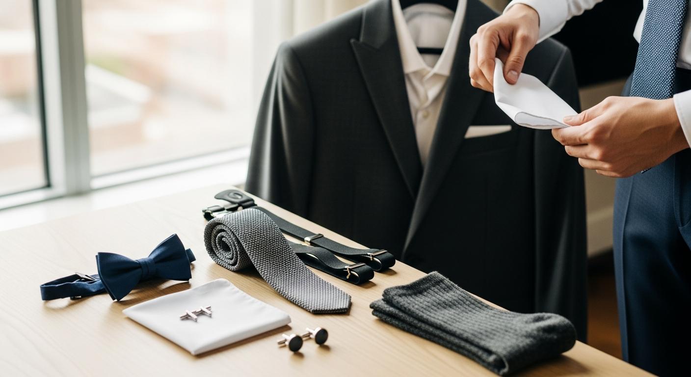 Accessoires de costume posés sur une table en bois, avec un homme qui compare nœud papillon, cravate et pochette près d’une fenêtre Obrázek