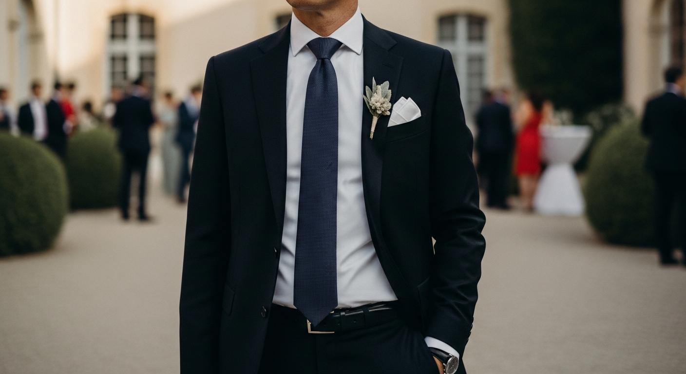Homme en costume noir avec chemise blanche et cravate élégante lors d’un mariage, cadrage mi-corps en lumière douce Obrázek
