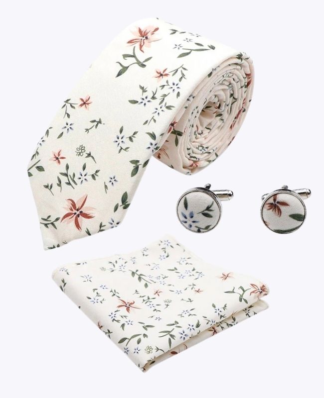 Kravata + Kapesníček do saka + Manžetové knoflíčky Liberty Bílé č.8 Pánské z bavlny «Charles»
