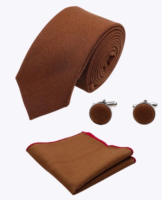 Kravata + Kapesníček do saka + Manžetové knoflíčky hnědé č. 1 pro muže z lnu «Basile»