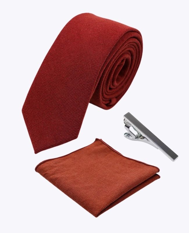Kravata + Kapesníček + Kravatová spona Terracotta Pánská Bavlněná «Edgard»