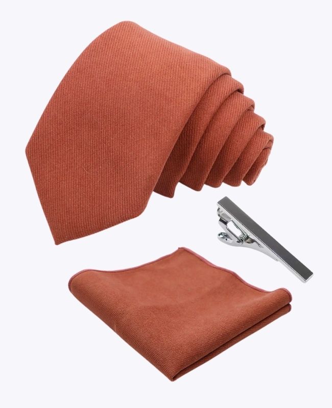 Kravata + Kapesníček do Saka + Spona na Kravatu Terracotta č.3 Pánská z Efektu Sametu «Simon»
