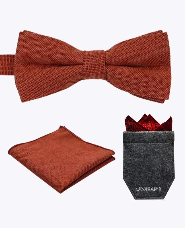 Noeud Papillon + Pochette de Costume + Étui Terracotta Homme en Coton «Edgard»
