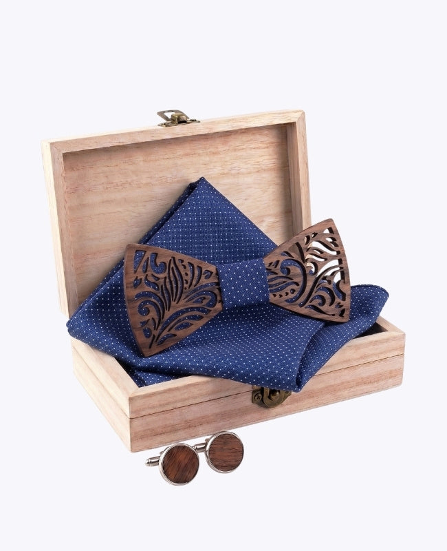 Coffret Noeud Papillon Bleu Homme en Bois «Baptiste»