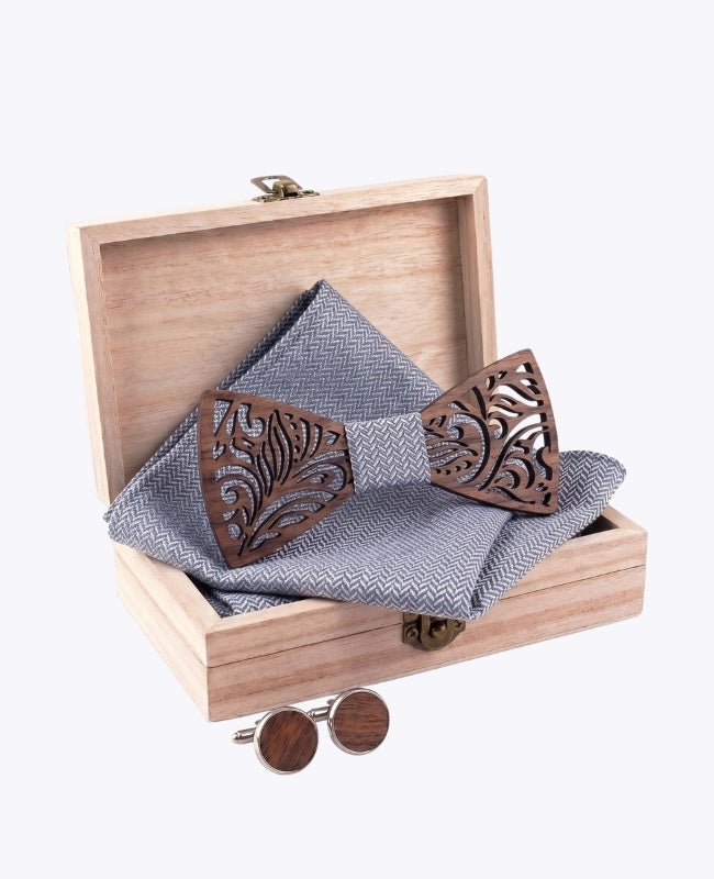 Coffret Noeud Papillon Gris Homme en Bois «Baptiste»