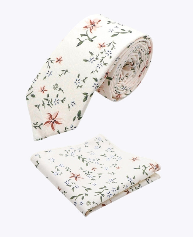 Cravate + Pochette de Costume Liberty Blanc n°8 Homme en Coton «Charles»